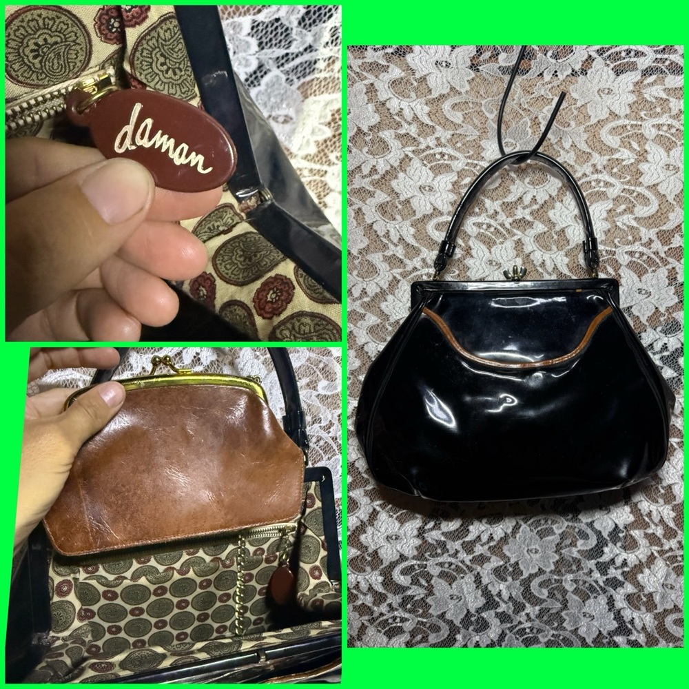 Vintage Black Patent Shoulder Bag with Brown Trim kiss clasp pouch 50s mod glam